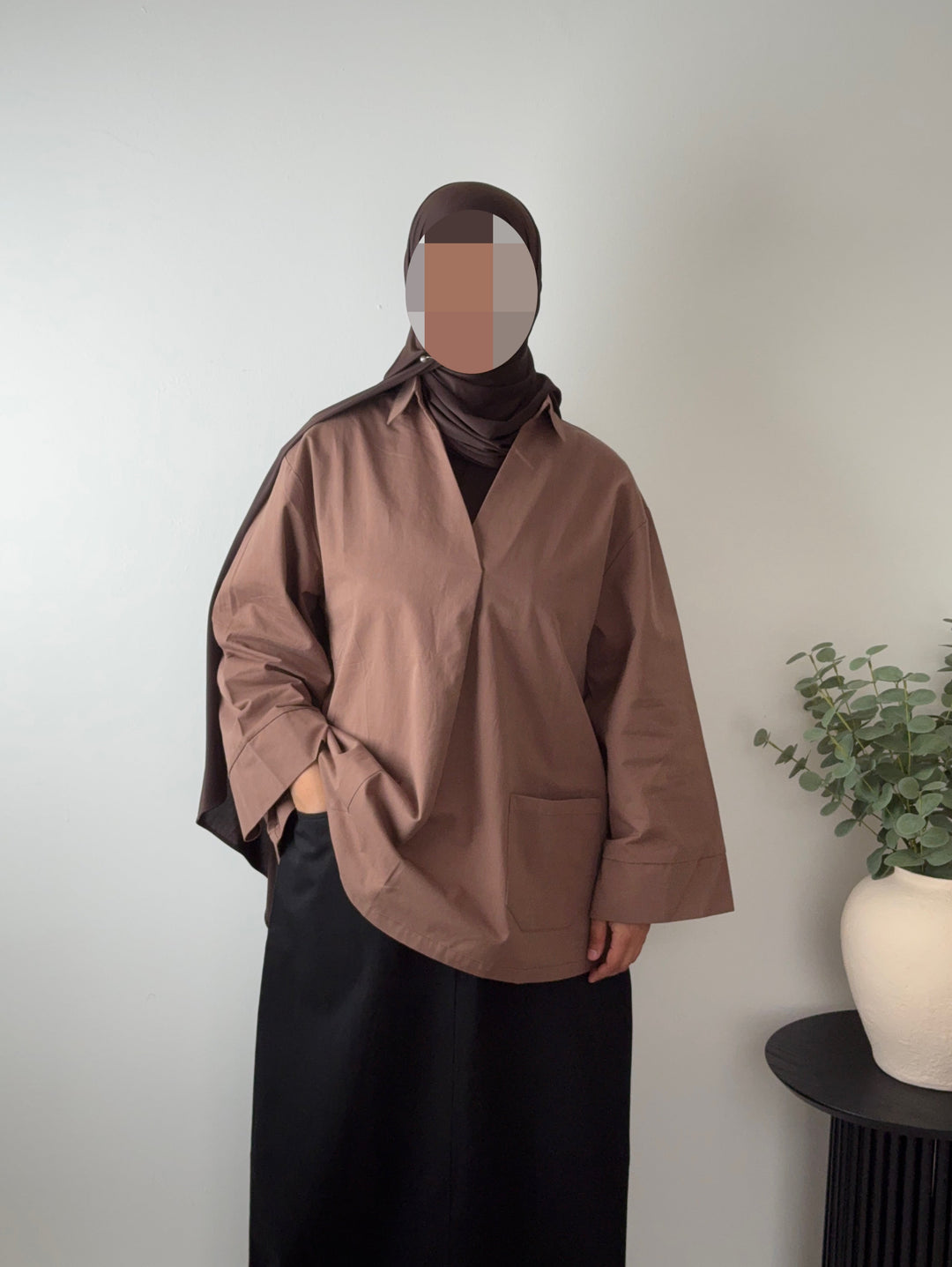 100% Cotton V-Neck Blouse with Front Pockets