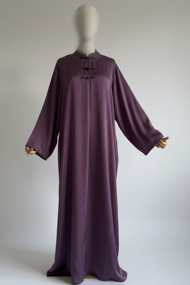 Amirah Embroidered Abaya – Elegant Modest Maxi Dress with Asian-Inspired Collar