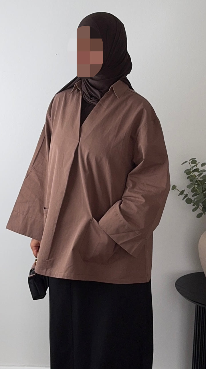 100% Cotton V-Neck Blouse with Front Pockets
