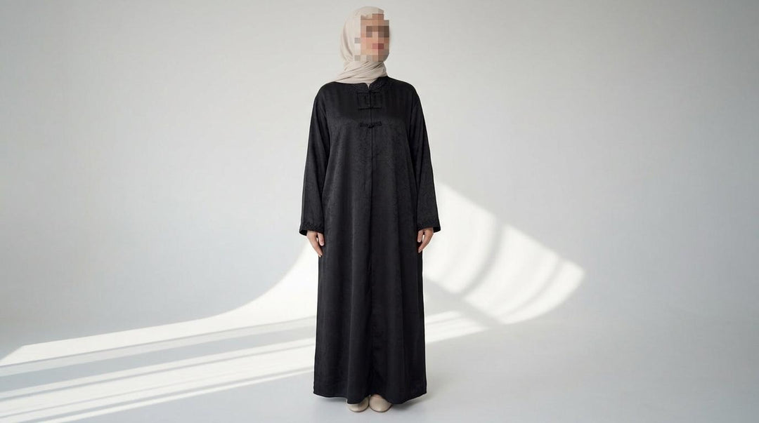 Amirah Embroidered Abaya – Elegant Modest Maxi Dress with Asian-Inspired Collar